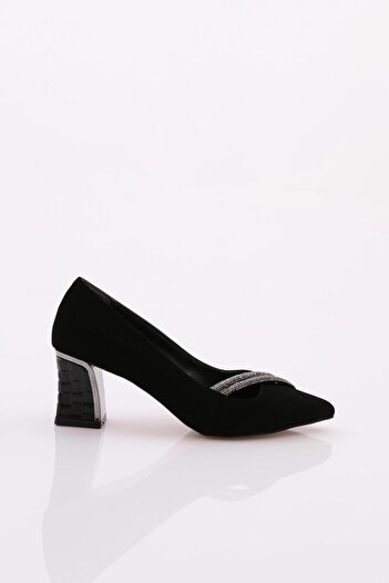 DGN Women's Pointed Toe Silver Stone Thick Heeled Shoes Black Velvet 43122534