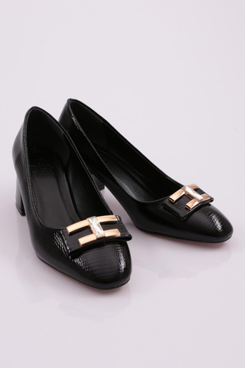DGN Black Patent Leather Printed Women's Heeled Shoes - 34533539
