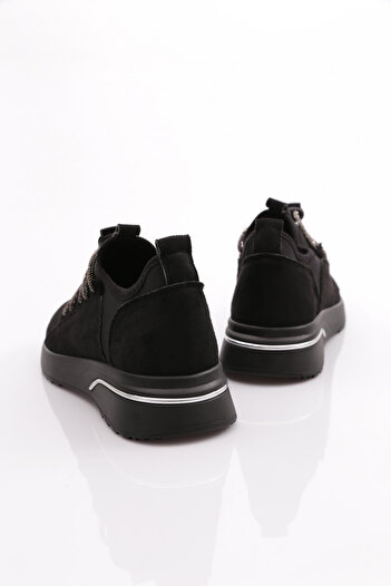 DGN Kadın Taş Bağcıklı Sneaker Ayakkabı Siyah Süet Siyah 33235105