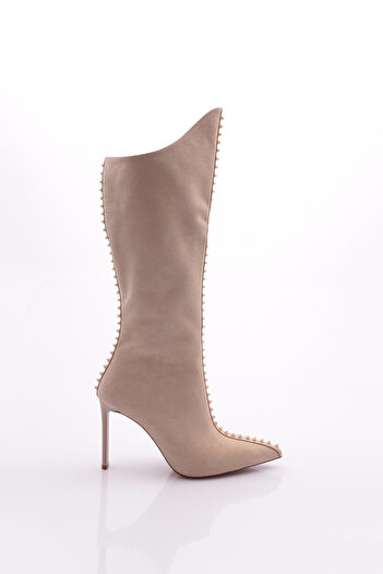 DGN Beige Suede Women's Heeled Boots - 63912859