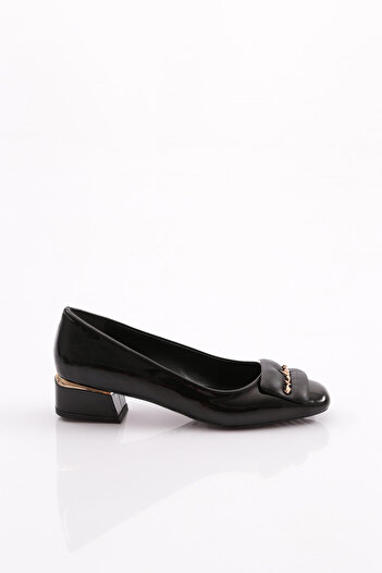 DGN Black Patent Leather Square Buckle Women's Heeled Shoes - 59972534