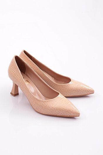 DGN Pointed Toe Low-Cut Heeled Shoes Nude Wrinkled Crocodile 43121029