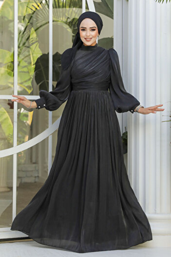 Neva Style Drape Detaylı Siyah Tesettür Abiye Elbise 44081s