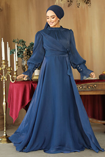 Neva Style Lacivert Hijab Evening Dress with Tie Detail 48051L
