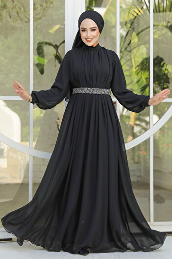Neva Style Pleated Black Hijab Evening Dress 25888S