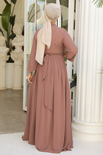 Neva Style Pileli Karamel Tesettür Abiye Elbise 25888krml
