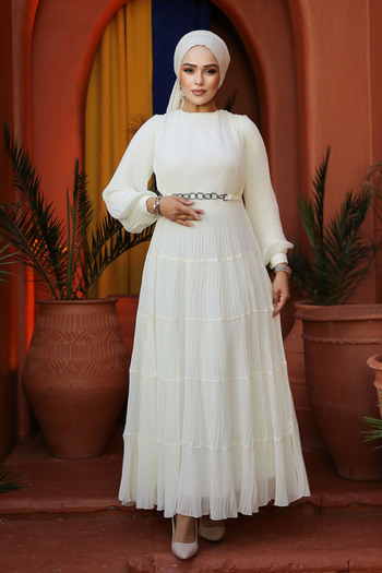 Neva Style Ecru Hijab Pleated Dress - 44761E