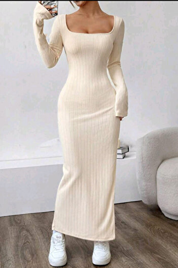 missamour Women's Trend U-Neck Slit Long-Sleeved Thick Wick Dress