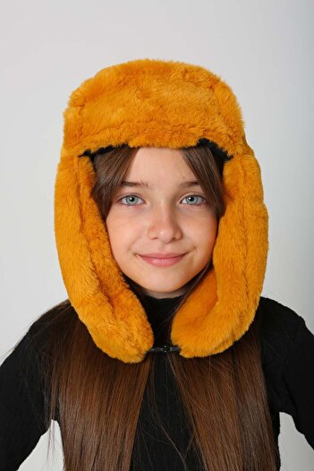 REMSA Mustard Plush Beanie Hat - with Snap Fasteners and Fur for Children, with Headphones Rkş-Ç-03