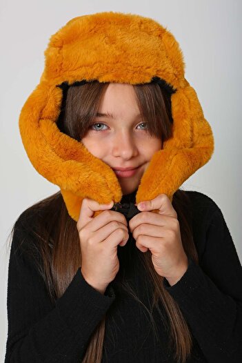 REMSA Mustard Plush Beanie Hat - with Snap Fasteners and Fur for Children, with Headphones Rkş-Ç-03
