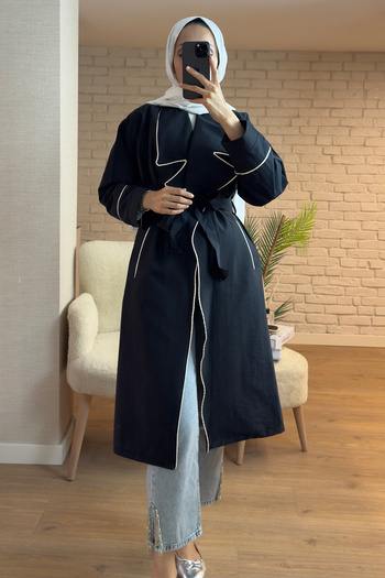 Salih Çelebi 2157 Belted Trench Coat with Piping Detail - Black