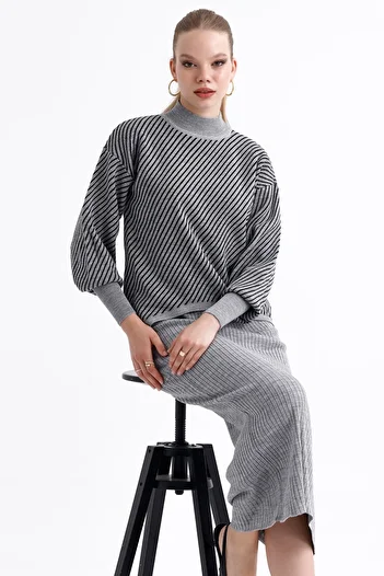 MD trend Women's Half Turtleneck Striped Asymmetrical Sweater and Ribbed Dress Double Knitwear Set