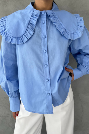 Seda Yalçın Atelier Mavi Bebe Yaka Uzun Kollu Basic Gömlek