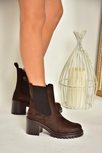 Fox Shoes T726981602 Kahverengi Süet Lastikli Kalın Topuklu Kadın Bot
