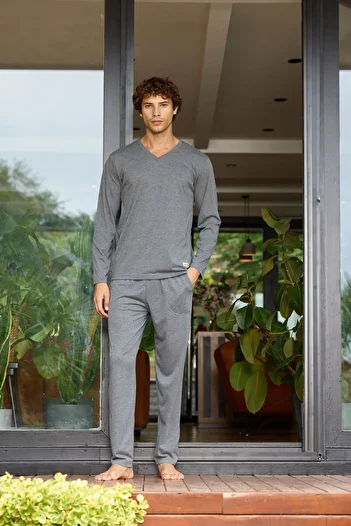KLY 100% Cotton Long Sleeve V-Neck Plus Size Men's Pajamas Set