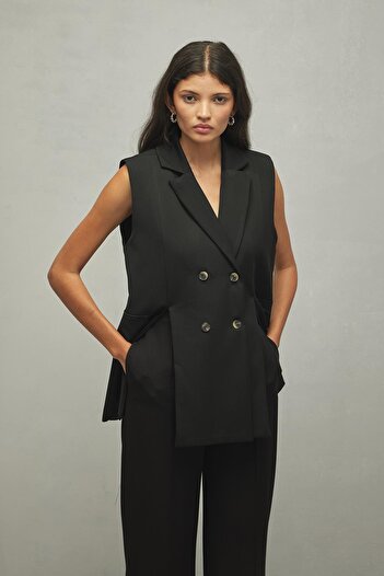 Fahhar Black Women's Vest - Slit Detail
