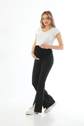 BIG LESSON Black Spanish Leg Jeans - Pregnant Flexible and Abdominal Band, Front Slit