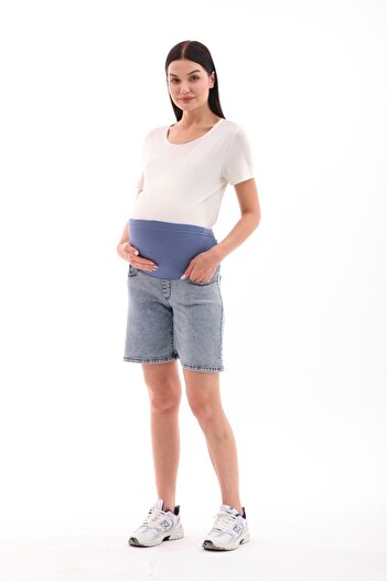 BIG LESSON Flexible and Adjustable WaistMomFit Shorts - Blue Snow