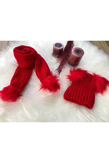 EXTRAÇARŞI Baby Girl Double Pompom Scarf Beanie Set 4/14 Years