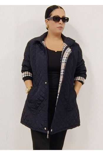 AKŞEN GİYİM Women's Large Size Inner Lined with Side Pocket Zipper and Strap Cover Quilted Trench Coat