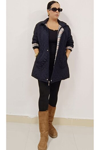 AKŞEN GİYİM Women's Large Size Inner Lined with Side Pocket Zipper and Strap Cover Quilted Trench Coat