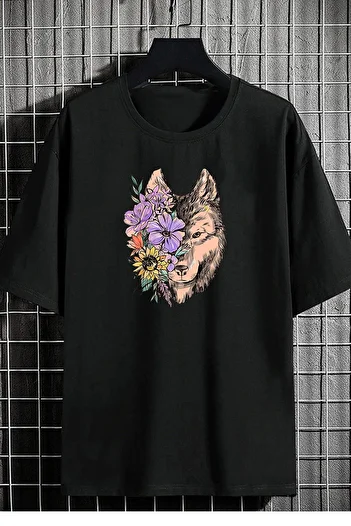 Relax family xf Μαύρο μπλουζάκι Unisex Oversize Flower Wolf με στάμπα