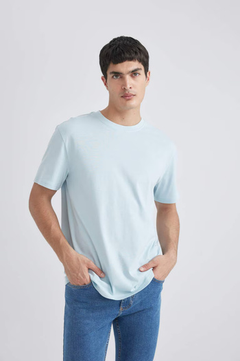 DeFacto Tricou cu mânecă scurtă, cu decolteu rotund, albastru strălucitor
