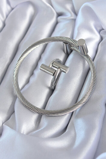 Clariss 316L Steel Silver Color Spiral Model Men's Bracelet Ring Combination