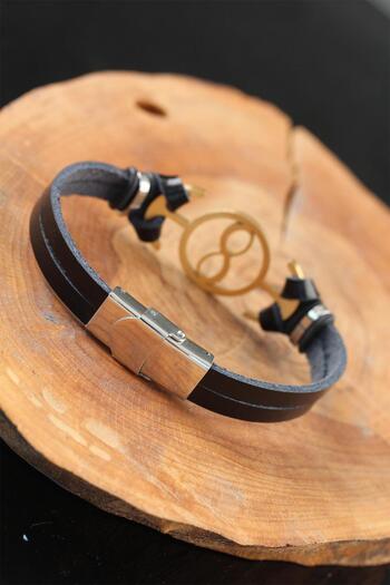 BESKAR Gold Color Infinity Black Leather Men's Bracelet with Metal Accessories
