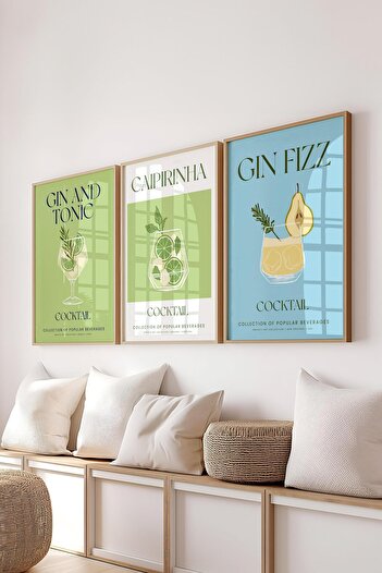 Postifull Çerçeveli Tablo Seti, 3 Adet Ahşap Çerçeve ve Kokteyl Çizim Temalı Poster Seti, No:300535