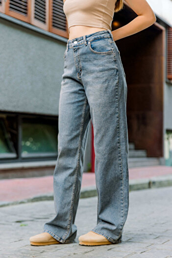 Maule Mavi Üksek Bel, Esnek Denim Kumaş Geniş Paça Palazzo Kadın Kot Jean Pantolon @cesena
