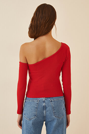 Lovelyİstanbul Ribbed Red Knitted Blouse - Open Shoulder, Ltg0001