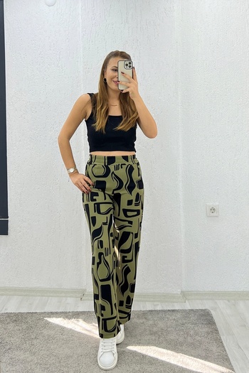 İrka Moda Crepe Fabric Leopard Green Pants