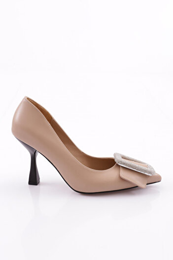 DGN Women's Pointed Toe Silver Stone Belt Buckle Heeled Shoes Beige Skin 212821085
