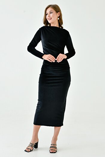 WOMAN VISION Rochie de seară neagră din țesătură din catifea elastică, cu mâneci lungi, cu decupaj creion, 3660
