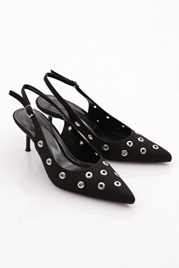 DGN Women's Open Back Pointed Toe Heeled Shoes Black Satin 28943557