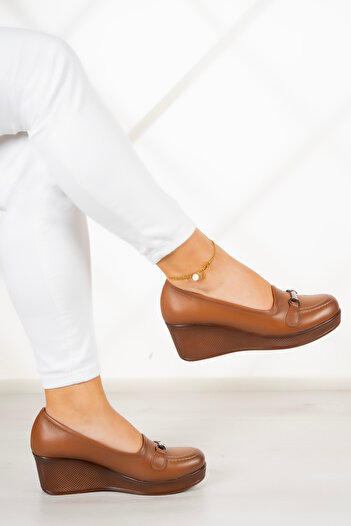 Erkan Saçmacı Genuine Leather Maika Tan - Wedge Heel Casual Shoes