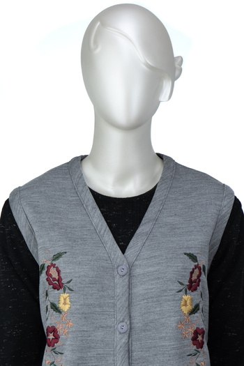 Oppland Women's V-Neck Rose Garden Embroidered Double Pocket Buttoned Full Fit Lycra Steel Knitted Mother Vest