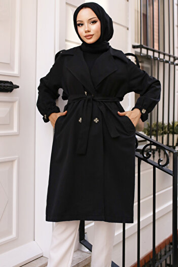 benguen 61674 Model Belted Black Trench Coat