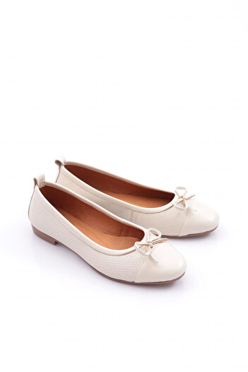 DGN Women's Bow Detailed Ballerinas, Beige Genuine Leather 251371010