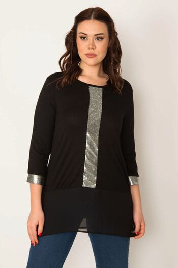 Şans Women's Large Size Black Lame Detailed Hem Chiffon Tunic 65n32079