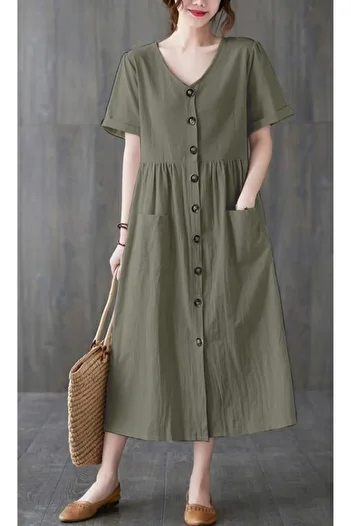 Barbora Linen Daily Comfortable V-neck Waist Gather Detailed Buttoned Dress