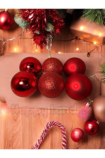 Happyland Christmas Pine Tree Ornament 6 cm 6 Pieces Red Christmas Ball Red Christmas Balls