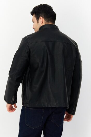 French Connection Men Plain Leather Motor Jacket Black