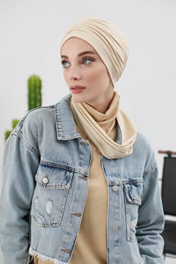 Aisha's Design Winter Bonnet Turban with Scarf, B-81Rb, Cream