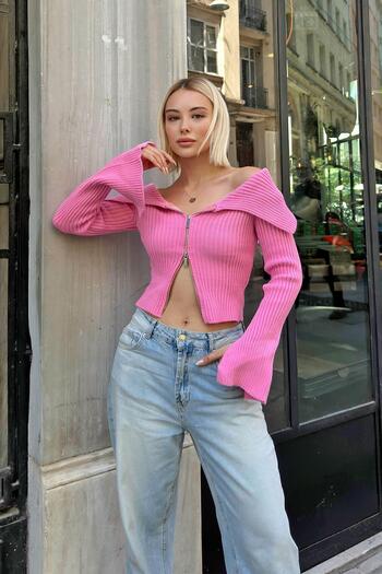 Swist Pink Spanish Sleeve Degaje Collar Zipped Knitted Women's Knitwear Crop Sweater