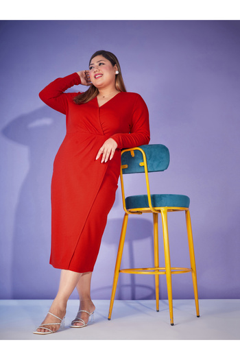 Sassafras By Styli Plus Wrap Midi Dress with Long Sleeve