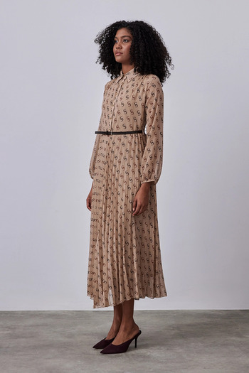 Gusto Camel Monogram Chiffon Dress - Waist Belt