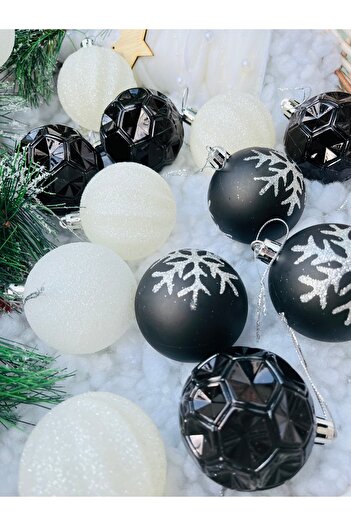 Derin Düşler Christmas Pine Tree Patterned Black and White Motif Cici Ball - 6 Cm, Pack of 16