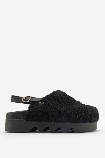 Dericlub Zy 8005 Black Plush Sandals - Thick Sole Leather Club